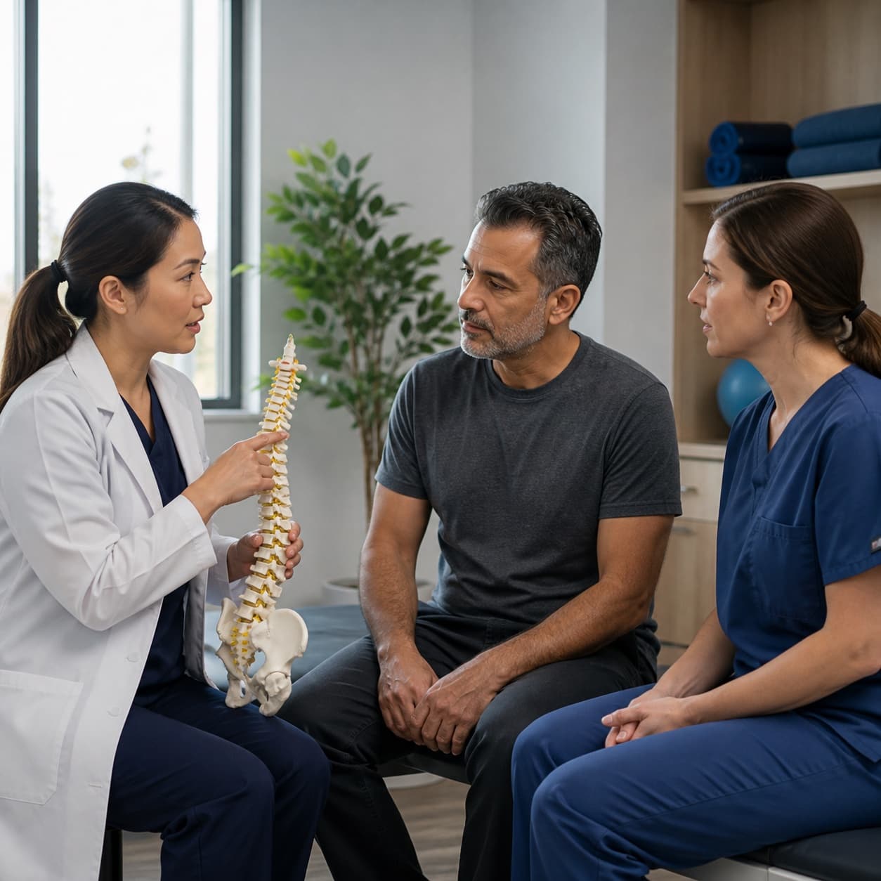A physician and clinician explaining a chronic pain care plan to a patient